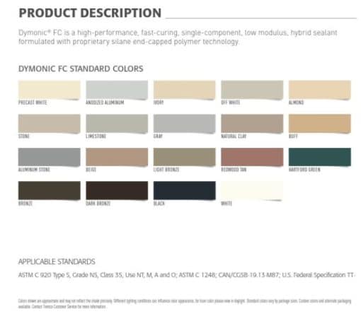 This is the color chart for Tremco Dymonic FC sealant products