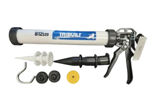 A picture of everything included in a Tri-Built B12S20 Sausage Gun Kit.