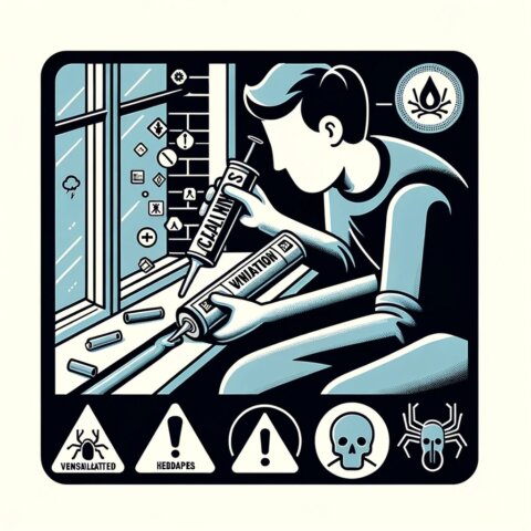 A person caulking with hazard signs below him to represent the dangers of specific sealant fumes