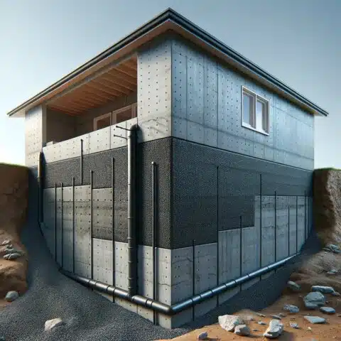 A realistic cross-section of a house foundation, featuring textured concrete walls beneath the ground, covered by a dark black waterproofing membrane. Below the foundation, a drainage system is depicted with pipes or gravel, surrounded by pressing soil. Above ground, the image shows the home's wall base and surrounding grass, highlighting the waterproofing's effectiveness through detailed shading and lighting