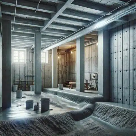 A realistic depiction of a basement's interior foundation, showing walls coated with a gray, textured cementitious waterproofing membrane, while the floor remains untreated and visible. The image highlights the contrast between the membrane's smooth finish and the rough concrete walls, with subtle basement features like exposed pipes and windows in the background.
