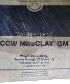 Close up on label of MiraClay GM waterproofing membrane