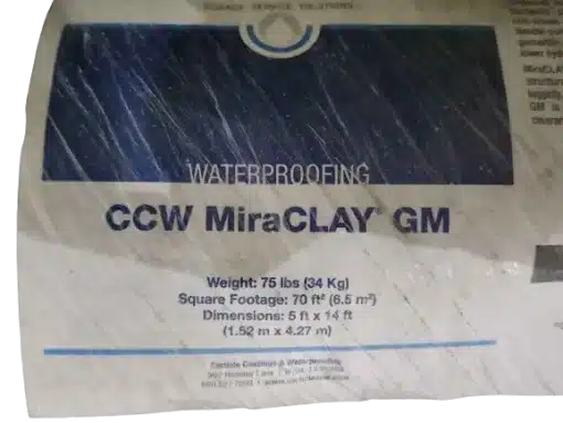 Close up on label of MiraClay GM waterproofing membrane