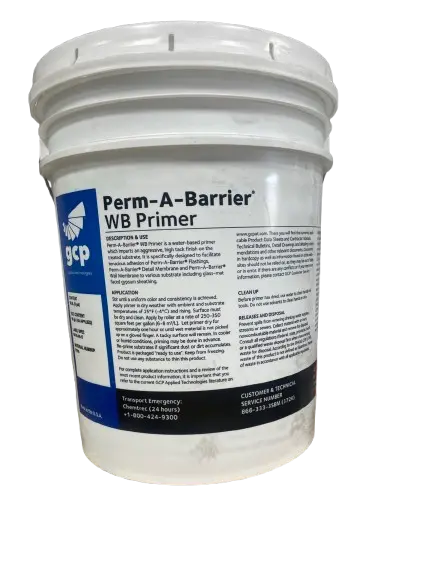 A 5-gallon bucket of Perm-A-Barrier WB Primer for use with Perm-A-Barrier flashings and membranes. Enhancing adhesion to various surfaces.